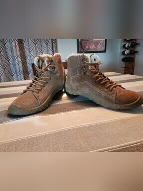 Sugar Brown Suede Faux-Shearling Lace-Up Boots with Red Traction Accents